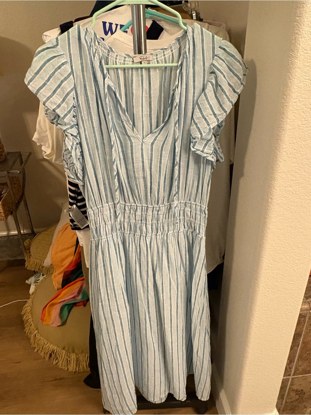 Rails Iona Smocked Waist Midi Dress (L, Cambria Stripe Blue) 100% linen. - Picture 6 of 6